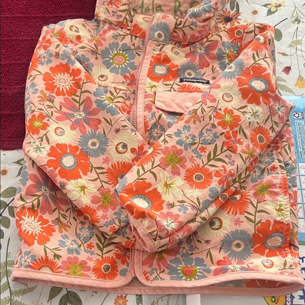 Patagonia Kids Floral Hooded Jacket — Coral Pink & Orange - Picture 3 of 5